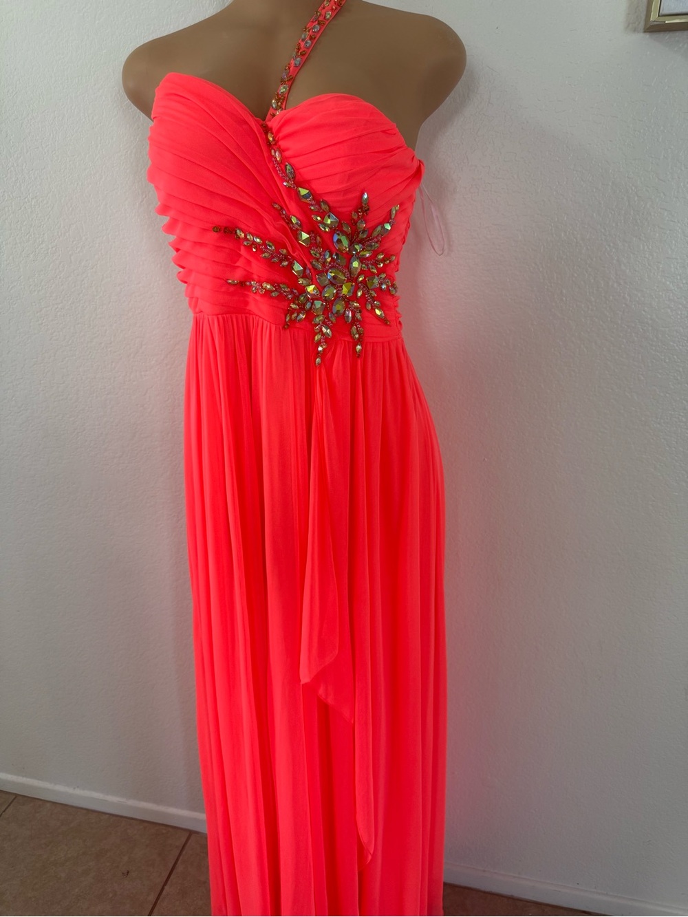 One-Shoulder Neon Coral Evening Gown with Jewel Accent